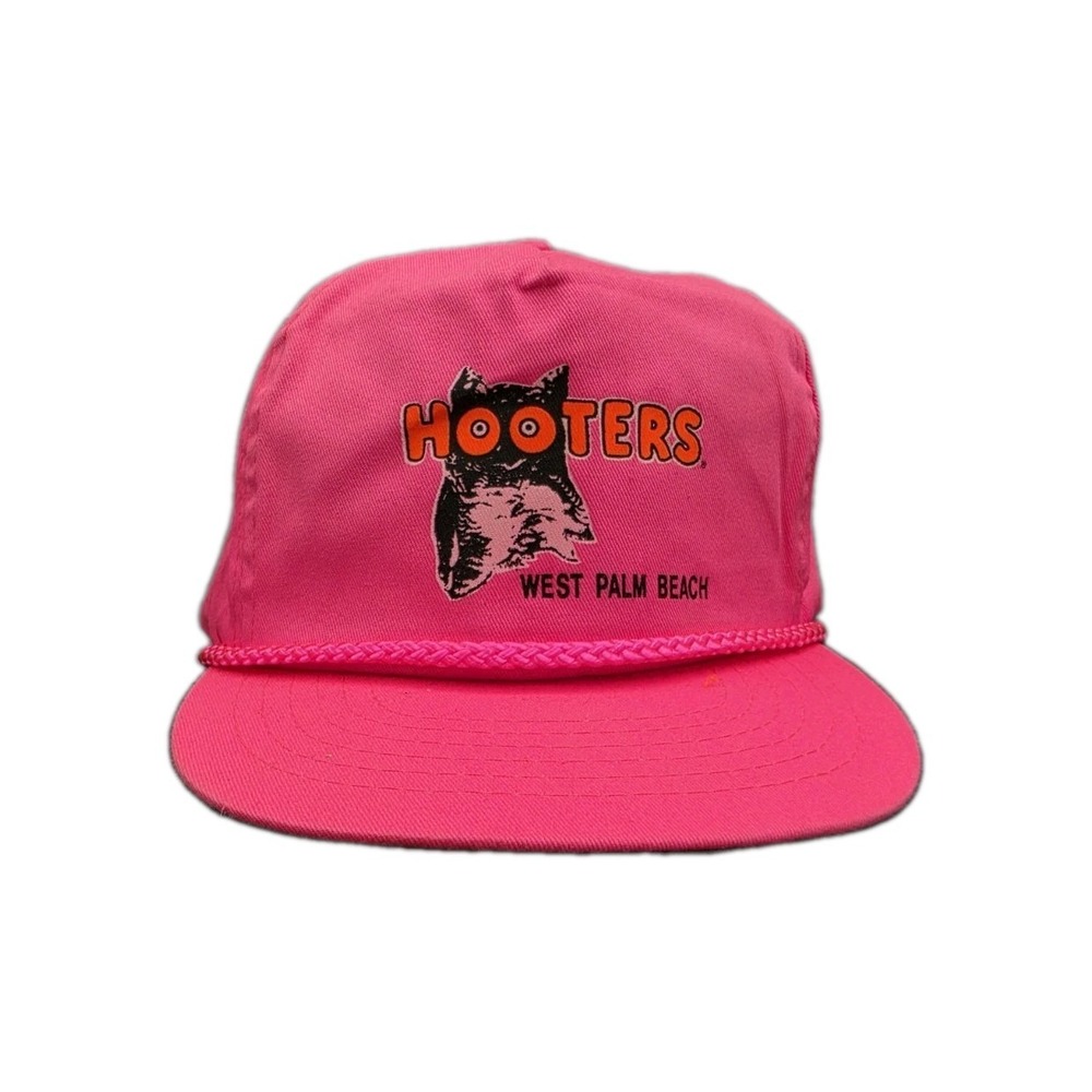 Vintage 90s Hooters West Palm Beach Hat Neon Pink Strapback Rope Cap San Sun